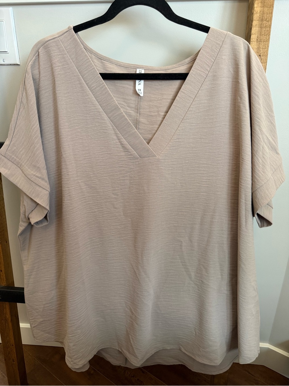Zenana Relaxed V-Neck Short Sleeve Blouse in Taupe